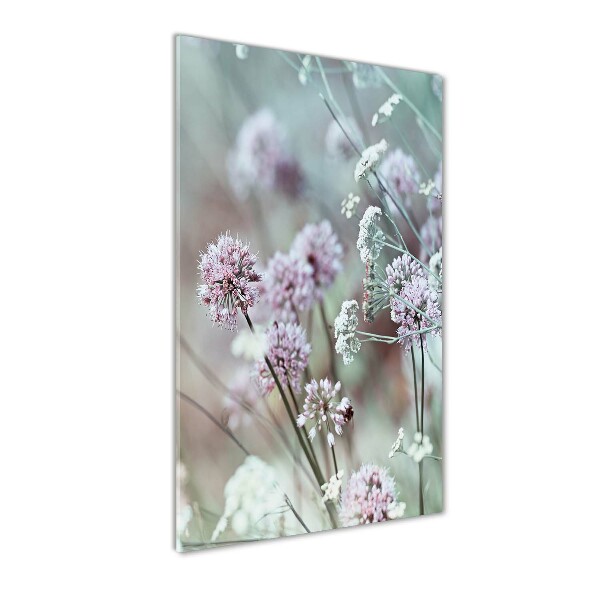 Cuadro decorativo en cristal con canto pulido vertical flores de ajo
