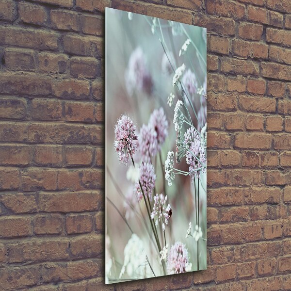 Cuadro decorativo en cristal con canto pulido vertical flores de ajo