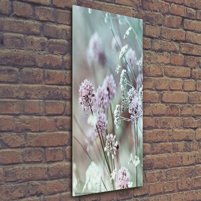Cuadro decorativo en cristal con canto pulido vertical flores de ajo