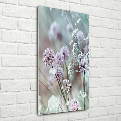 Cuadro decorativo en cristal con canto pulido vertical flores de ajo