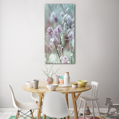Cuadro decorativo en cristal con canto pulido vertical flores de ajo