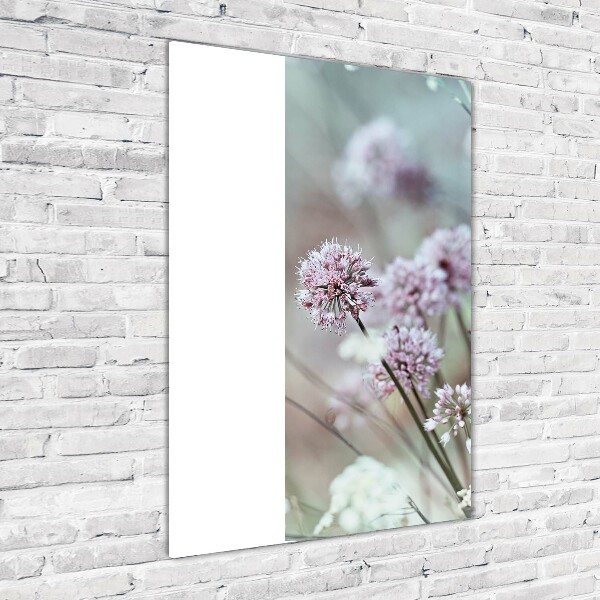 Cuadro decorativo en cristal con canto pulido vertical flores de ajo