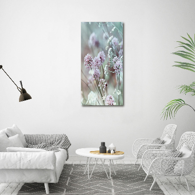 Cuadro decorativo en cristal con canto pulido vertical flores de ajo