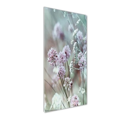 Cuadro decorativo en cristal con canto pulido vertical flores de ajo