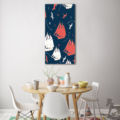 Cuadro decorativo en cristal con canto pulido vertical Barcos aves marinas