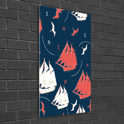 Cuadro decorativo en cristal con canto pulido vertical Barcos aves marinas