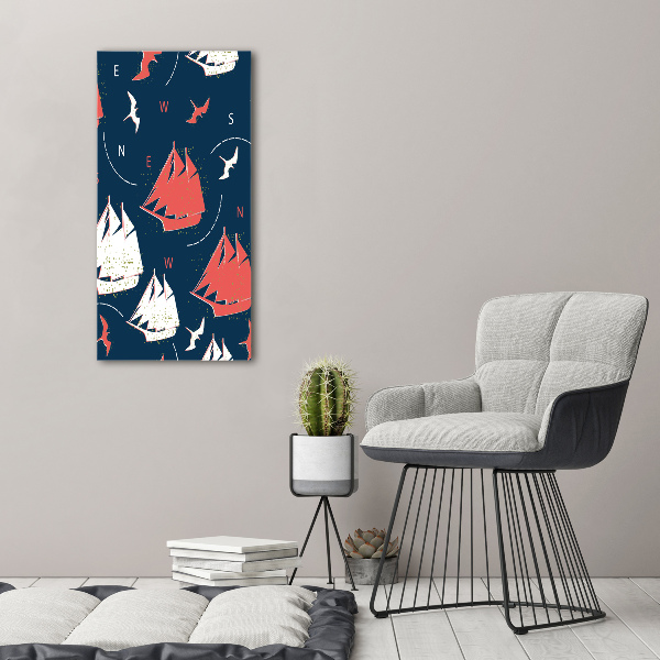 Cuadro decorativo en cristal con canto pulido vertical Barcos aves marinas