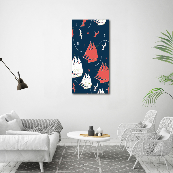 Cuadro decorativo en cristal con canto pulido vertical Barcos aves marinas