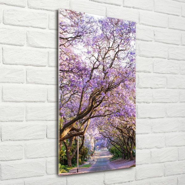 Cuadro decorativo en cristal con canto pulido vertical Camino de Jacaranda