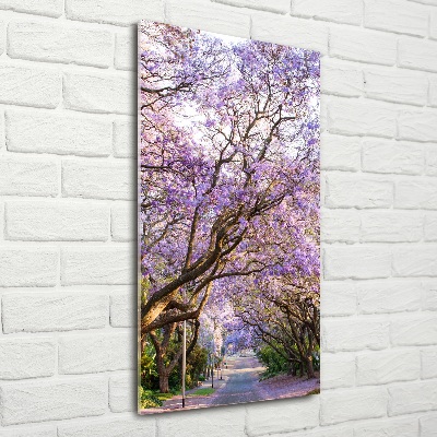 Cuadro decorativo en cristal con canto pulido vertical Camino de Jacaranda