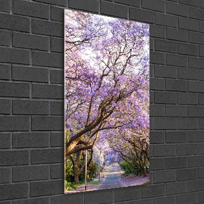 Cuadro decorativo en cristal con canto pulido vertical Camino de Jacaranda