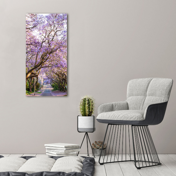 Cuadro decorativo en cristal con canto pulido vertical Camino de Jacaranda