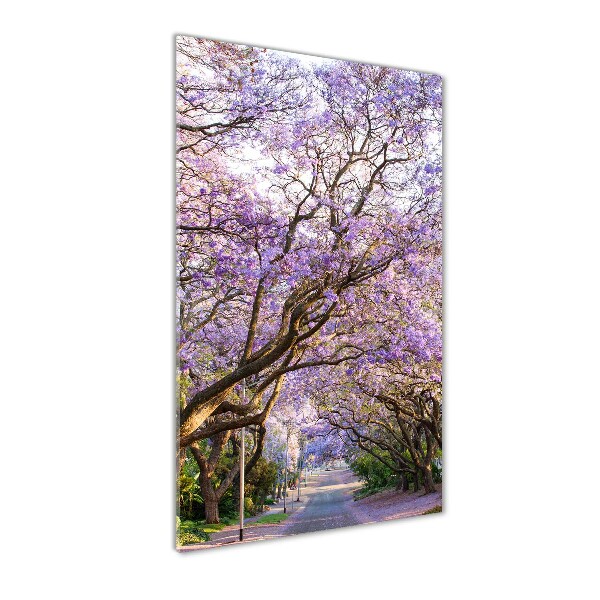 Cuadro decorativo en cristal con canto pulido vertical Camino de Jacaranda
