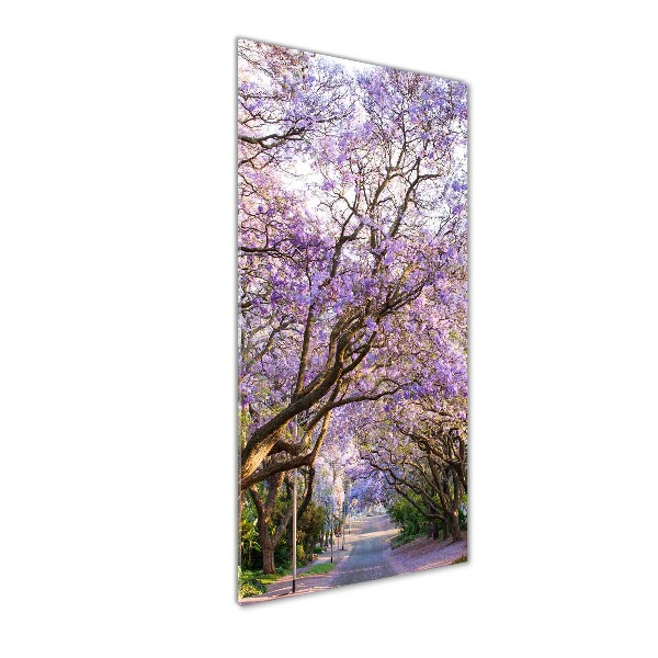 Cuadro decorativo en cristal con canto pulido vertical Camino de Jacaranda