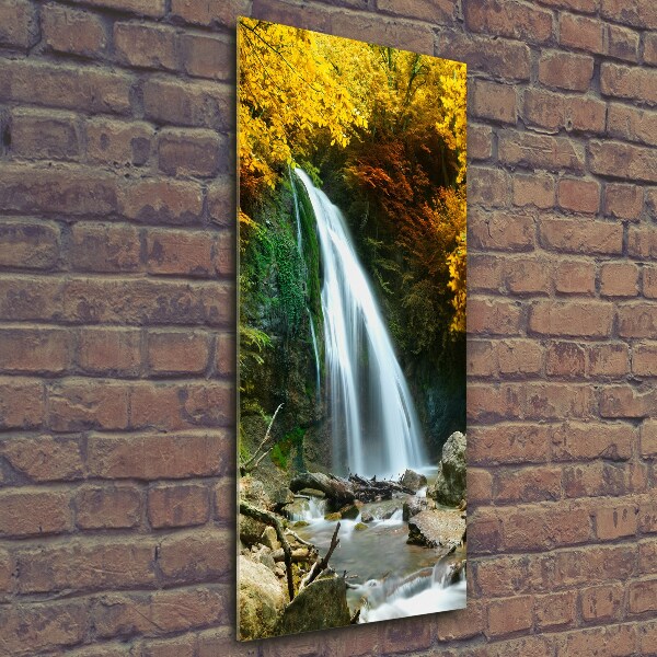 Cuadro de cristal moderno efecto brillo vertical Cascada en el bosque