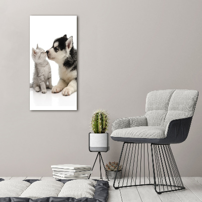 Cuadro decorativo en cristal con canto pulido vertical Perro y gato