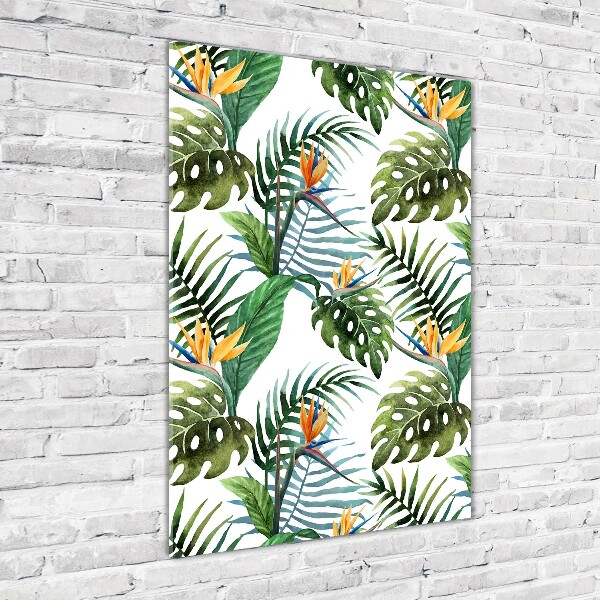 Cuadro de vidrio templado 4mm para pared vertical hojas tropicales