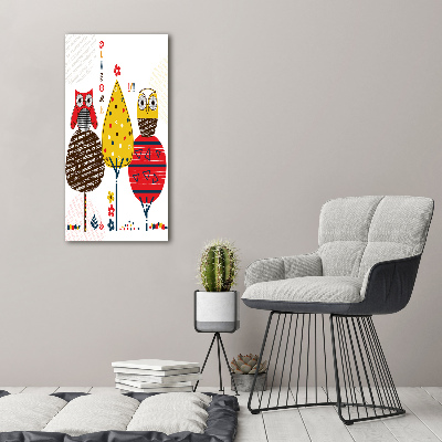 Cuadro de vidrio templado 4mm para pared vertical Búhos en los árboles