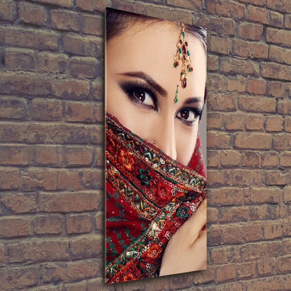 Cuadro decorativo en cristal con canto pulido vertical mujer india