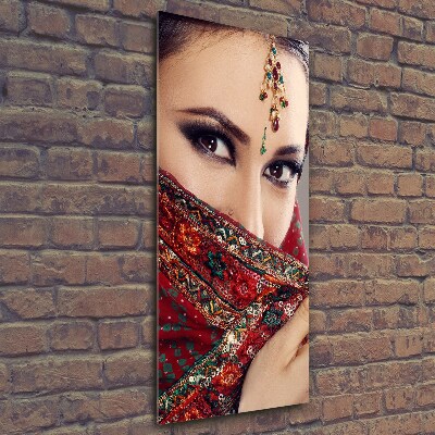 Cuadro decorativo en cristal con canto pulido vertical mujer india
