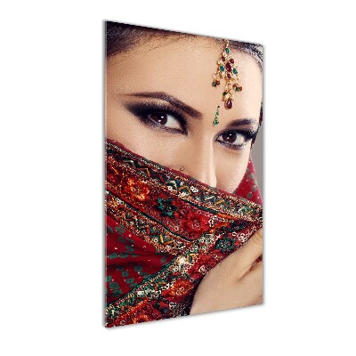 Cuadro decorativo en cristal con canto pulido vertical mujer india