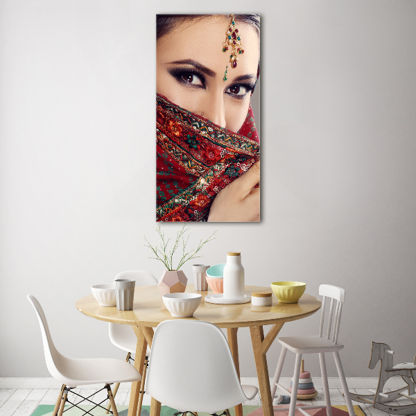Cuadro decorativo en cristal con canto pulido vertical mujer india