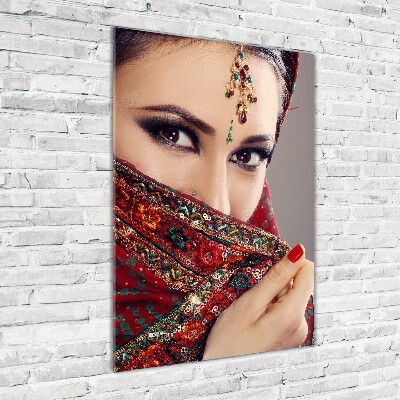 Cuadro decorativo en cristal con canto pulido vertical mujer india