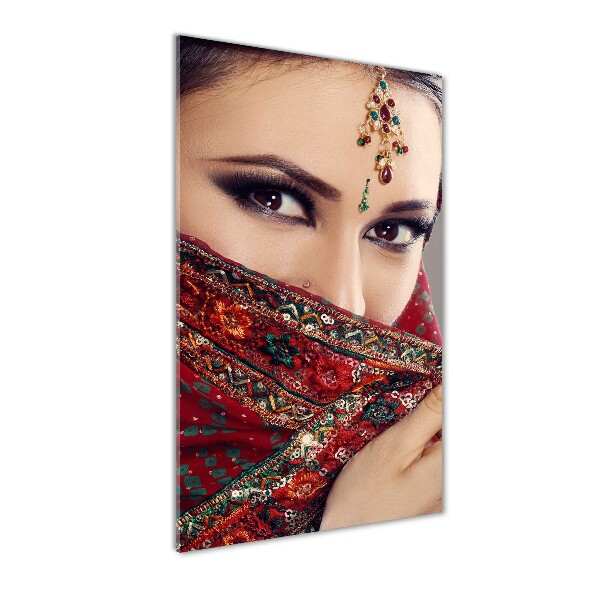 Cuadro decorativo en cristal con canto pulido vertical mujer india