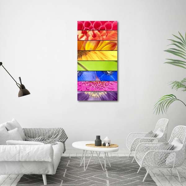 Cuadro de cristal moderno efecto brillo vertical flores de colores