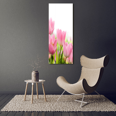Cuadro decorativo en cristal con canto pulido vertical tulipanes rosados