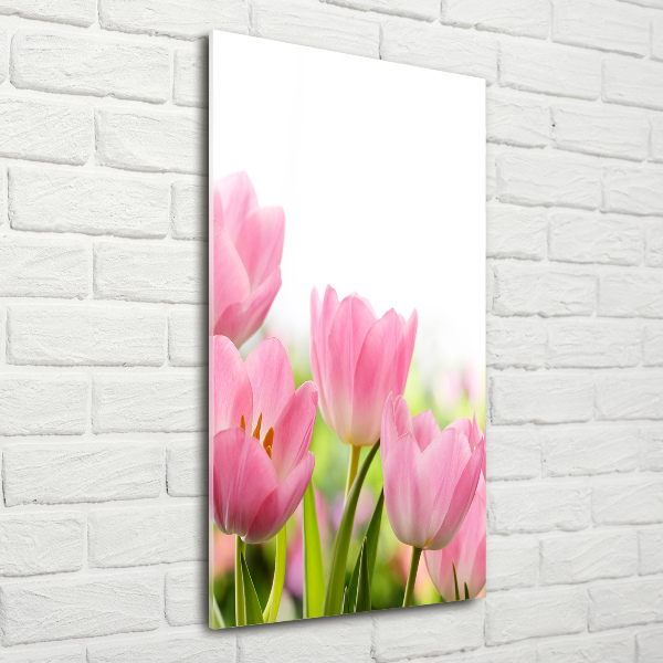 Cuadro decorativo en cristal con canto pulido vertical tulipanes rosados