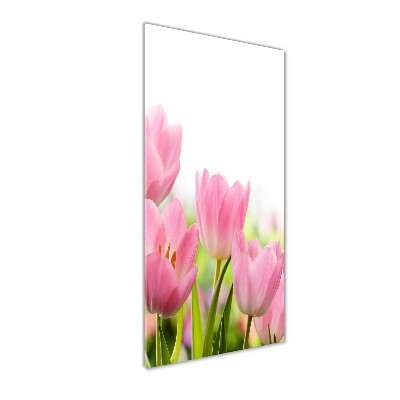 Cuadro decorativo en cristal con canto pulido vertical tulipanes rosados