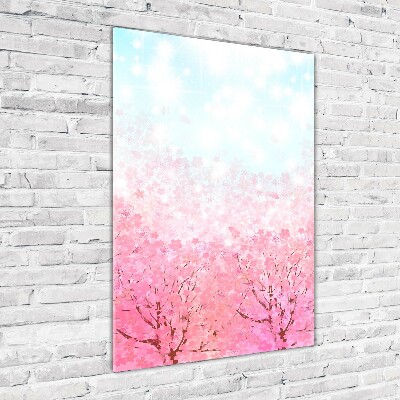 Cuadro de cristal moderno efecto brillo vertical flores de cerezo