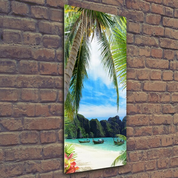 Cuadro decorativo en cristal con canto pulido vertical Playa tropical
