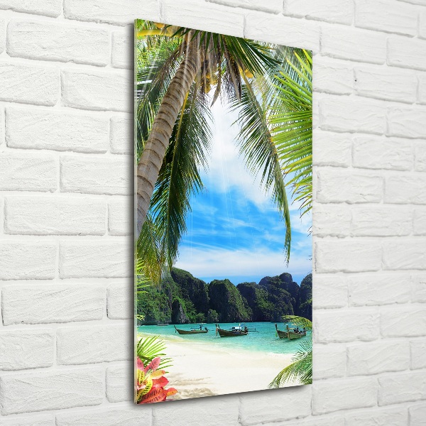 Cuadro decorativo en cristal con canto pulido vertical Playa tropical