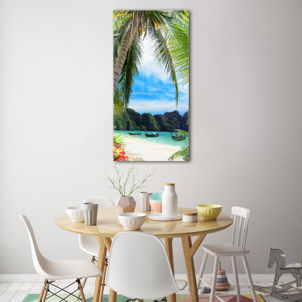 Cuadro decorativo en cristal con canto pulido vertical Playa tropical