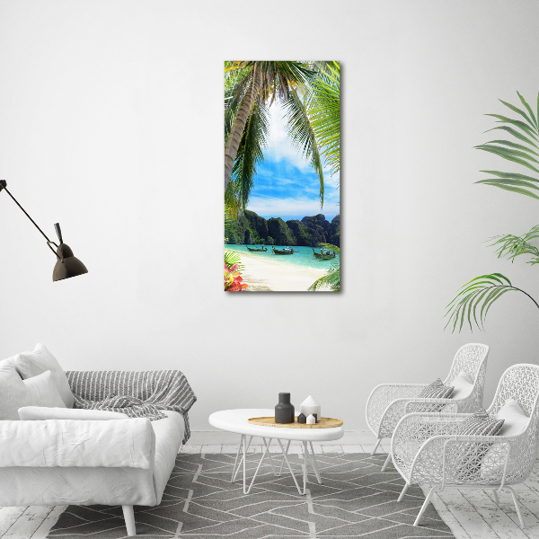 Cuadro decorativo en cristal con canto pulido vertical Playa tropical