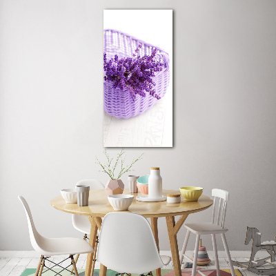 Fotocuadro de cristal elegante para hogar vertical Lavanda en una cesta