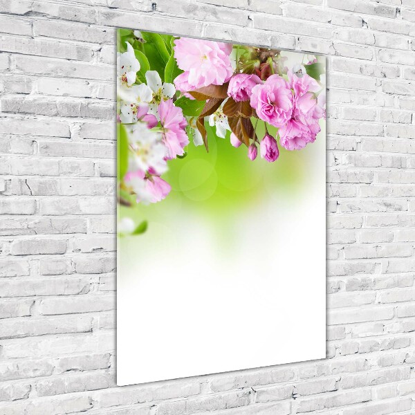Cuadro decorativo en cristal con canto pulido vertical flores de primavera