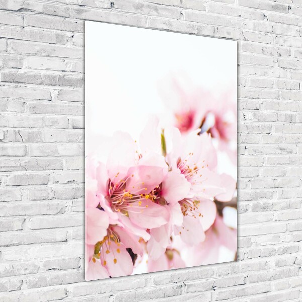 Cuadro decorativo en cristal con canto pulido vertical flores de almendro