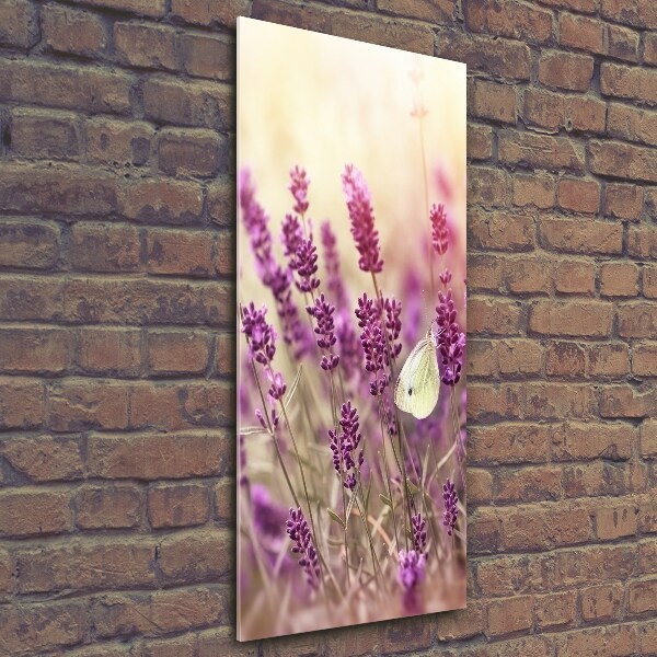 Cuadro de cristal moderno efecto brillo vertical flores de lavanda