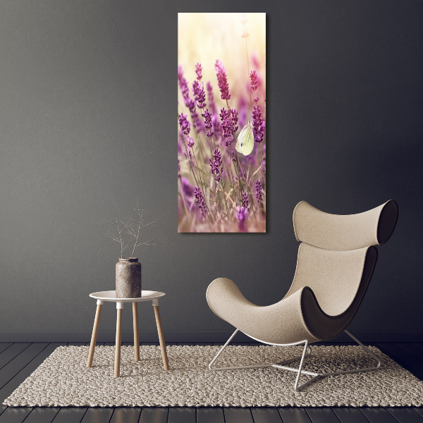 Cuadro de cristal moderno efecto brillo vertical flores de lavanda