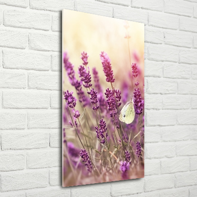 Cuadro de cristal moderno efecto brillo vertical flores de lavanda