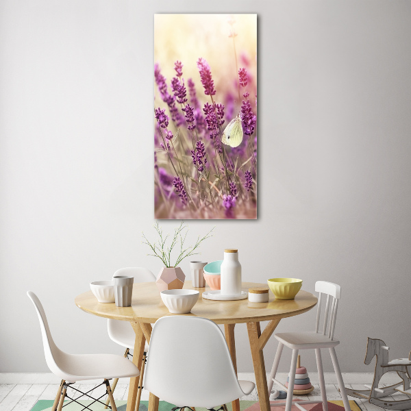 Cuadro de cristal moderno efecto brillo vertical flores de lavanda