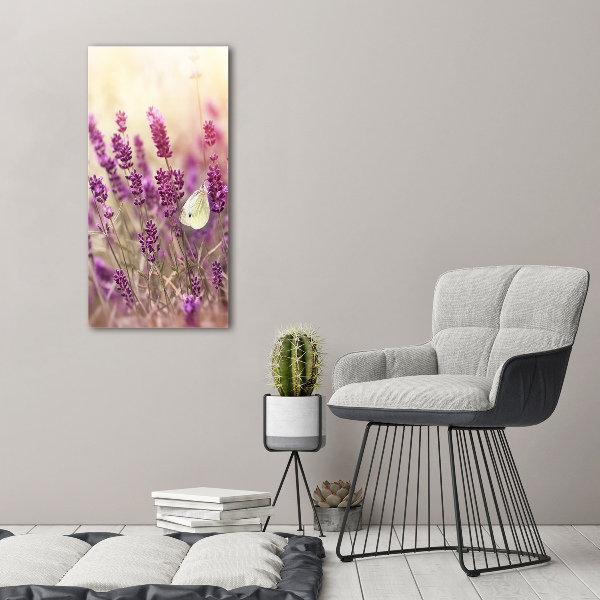 Cuadro de cristal moderno efecto brillo vertical flores de lavanda
