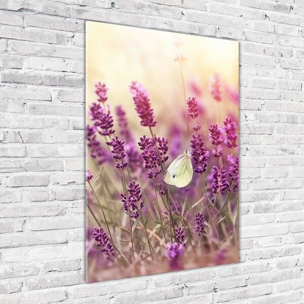 Cuadro de cristal moderno efecto brillo vertical flores de lavanda