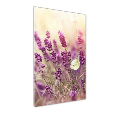 Cuadro de cristal moderno efecto brillo vertical flores de lavanda