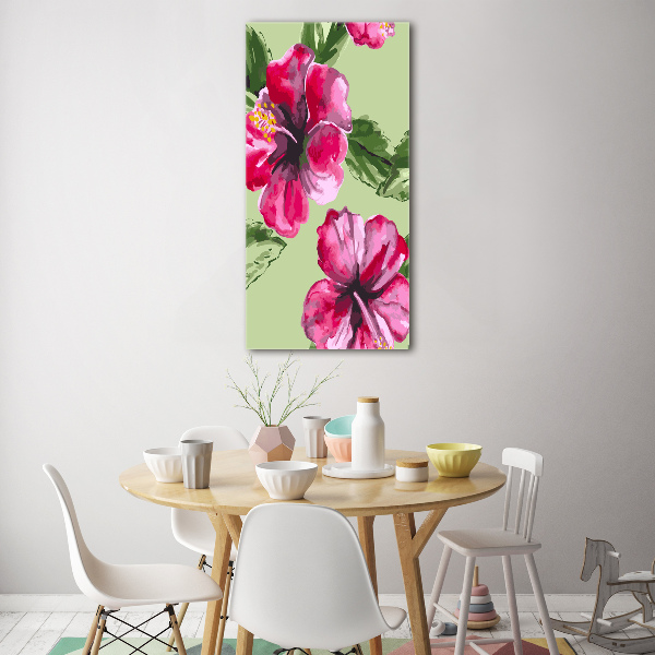 Cuadro de cristal moderno efecto brillo vertical flores hawaianas