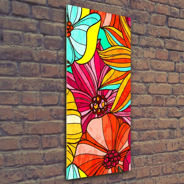 Cuadro decorativo en cristal con canto pulido vertical flores de colores