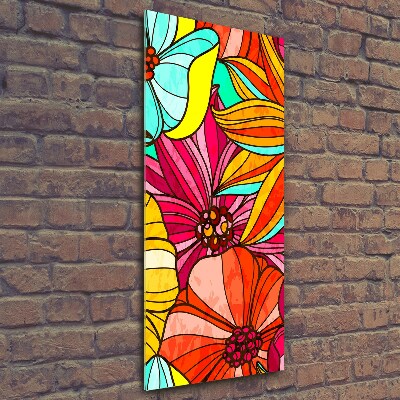 Cuadro decorativo en cristal con canto pulido vertical flores de colores
